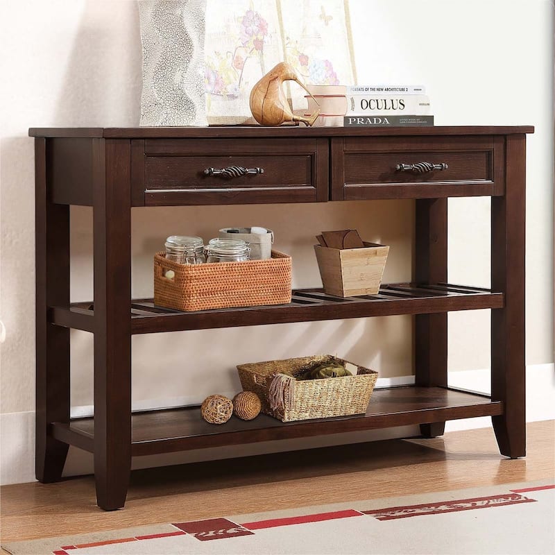 Mid-Century Style Console Sofa Table Solid Wood Buffet Sideboard with 2 Storage Drawers and 2 Tiers Shelves