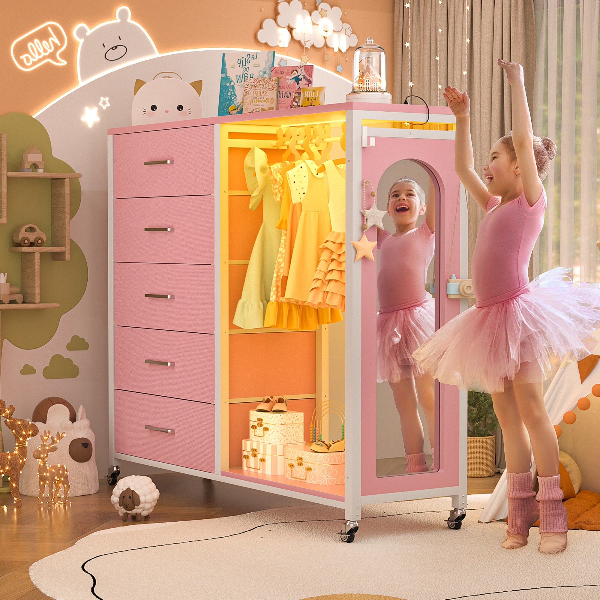 Kid's Closet Organizer with Fabric Drawers and Mirror, Rolling