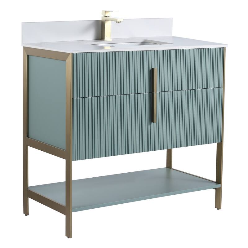 Fine Fixtures Serenity Modern Bathroom Vanity with White Stone Top - Mint Green - Brass Hardware - 36 inch