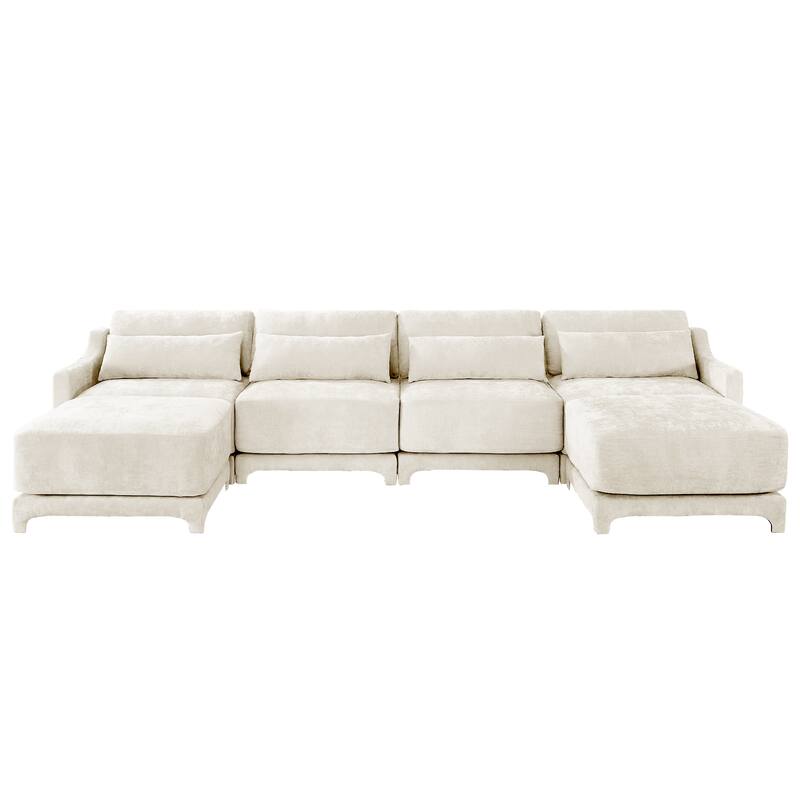 141.7" Chenille 4-Seater Sofa with Movable Ottoman, Lumbar Pillow and Solid Wood Frame