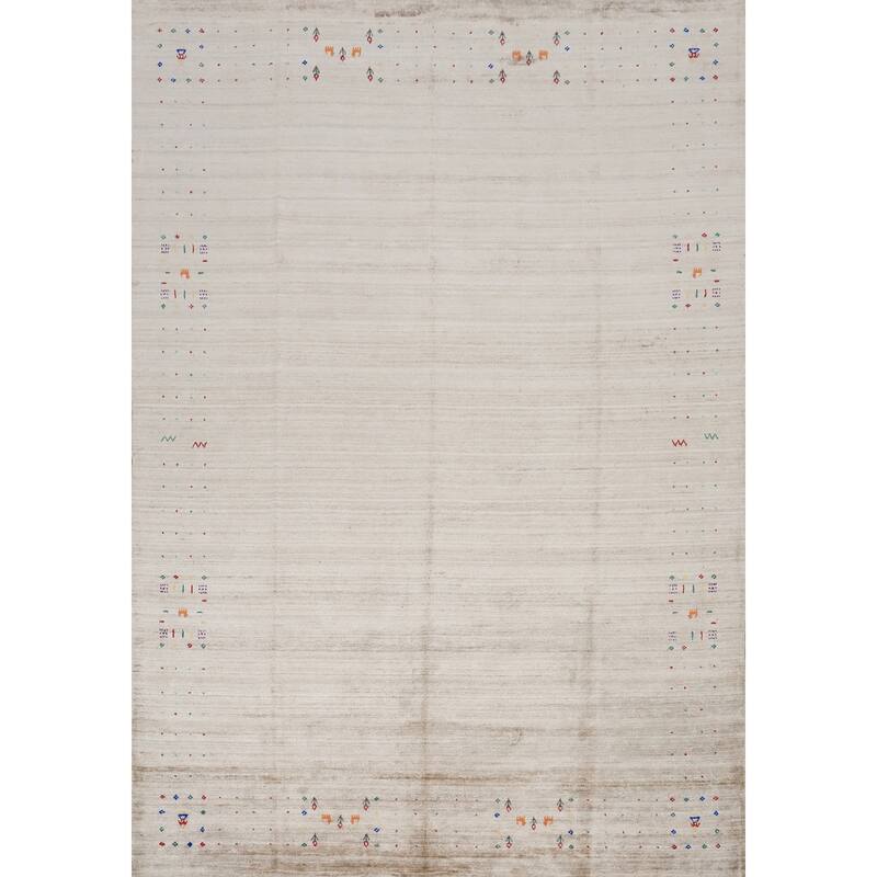 Hand Knotted Oriental Viscose Silk Carpet Tribal Animal Pictorial Beige & Ivories Gabbeh Area Rug - 11' 7'' X 9' 1''