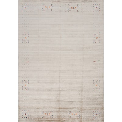 Hand Knotted Oriental Viscose Silk Carpet Tribal Animal Pictorial Beige & Ivories Gabbeh Area Rug - 11' 7'' X 9' 1''
