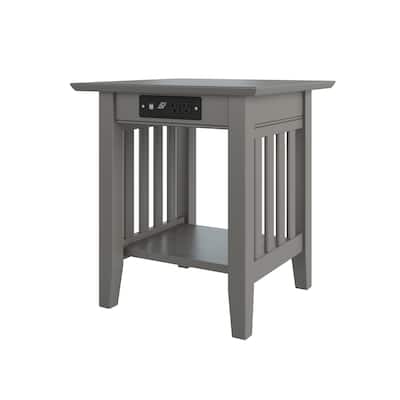 End Table With Charger - Hardwood Side Table, USB Ports, Power Outlets, Living Room Accent Table - Grey Finish - 22