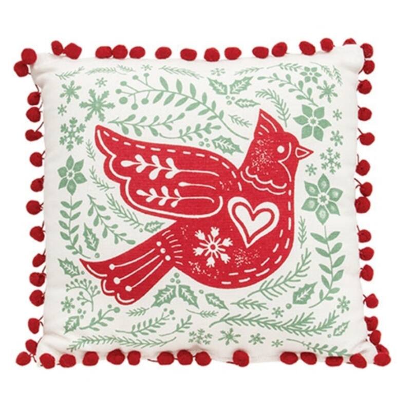 Red White Green Cotton Fabric Cardinal Pillow 12x12in Holiday Decor - Red-Green-White