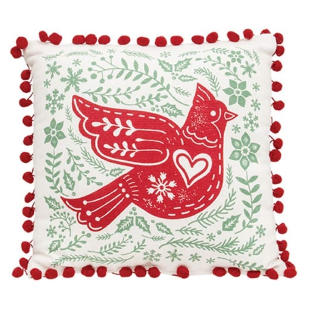 Red White Green Cotton Fabric Cardinal Pillow 12x12in Holiday Decor