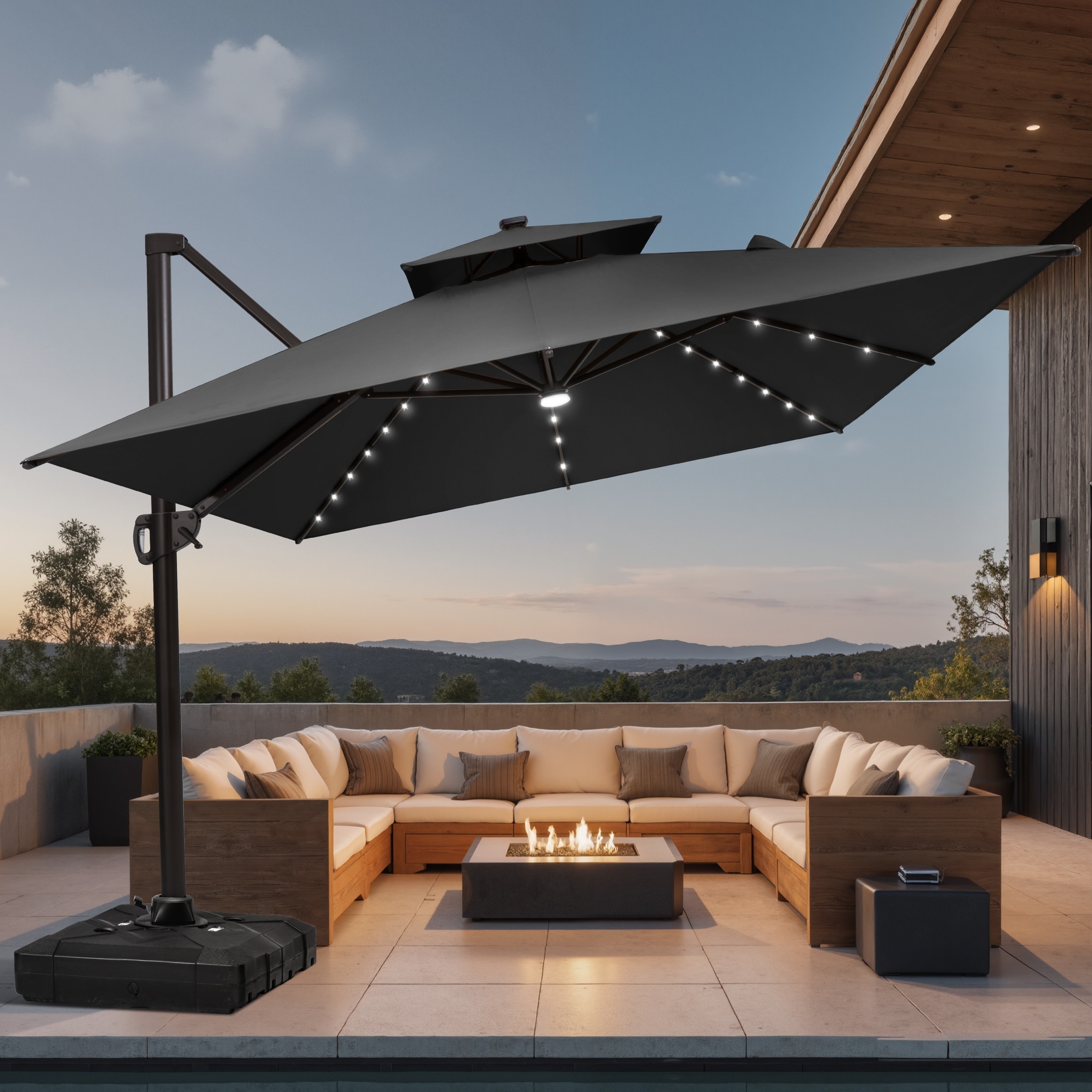 9 X 11 FT Outdoor Patio Cantilever Umbrella with Solar Lights Wheeled Base Double Canopy 360 Rotation Tilt