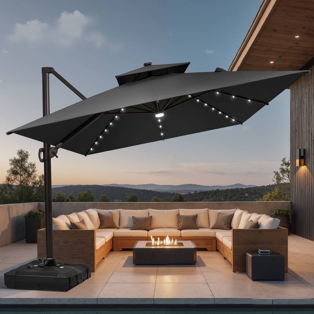 9 X 11 FT Outdoor Patio Cantilever Umbrella with Solar Lights Wheeled Base Double Canopy 360 Rotation Tilt