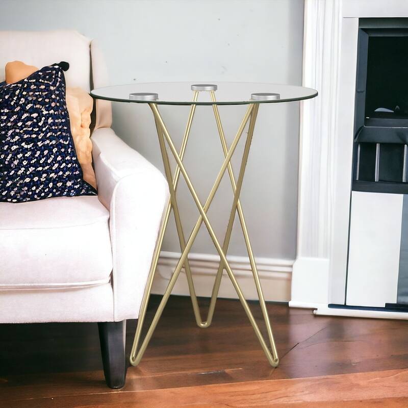 Contemporary Round Gold Metal Side End Table with Clear Glass Top and Geometric Legs for Living Room