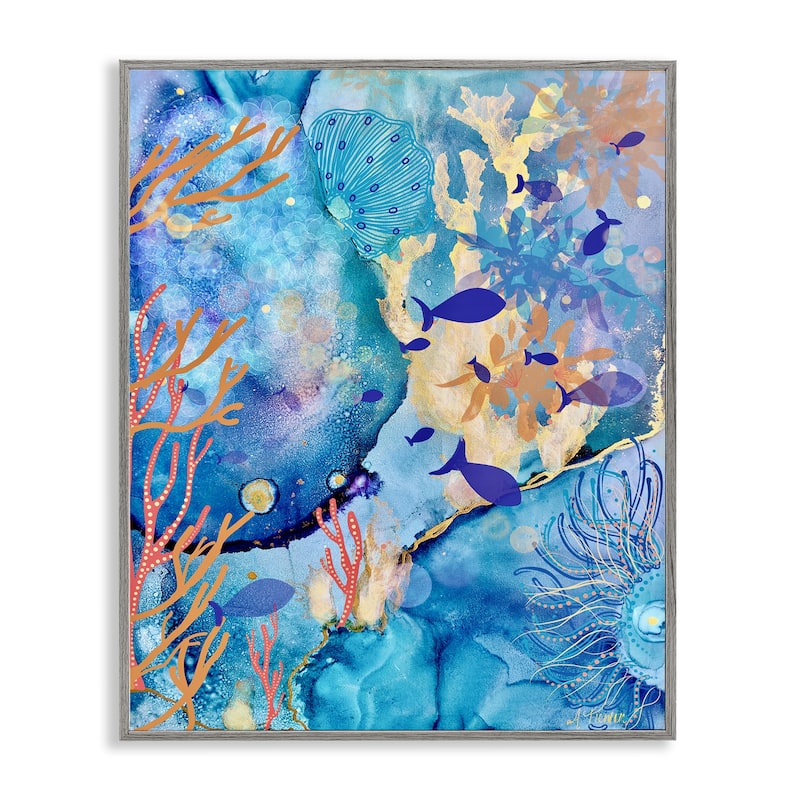 Stupell Coral & Sea Life Collage Framed Giclee Art Design By Amy Tieman - 11 x 14 - Grey