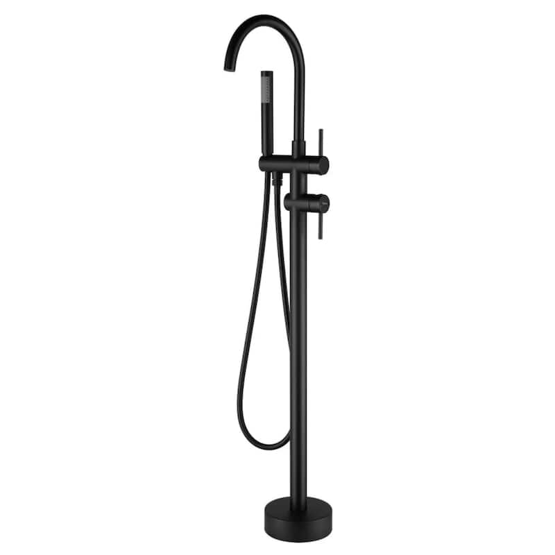 KISRAIS Double Handle Floor Mounted Freestanding Tub Filler Faucet with Handshower - Black