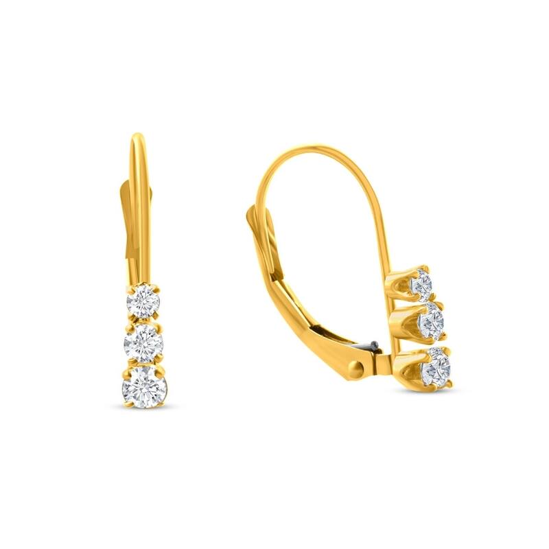 1/4Ct TW Three Stone Diamond Leverback Hoops Women's Earrings Gold 1/2" Tall
