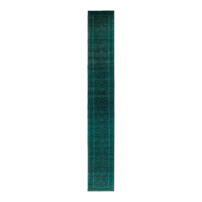 Overton Hand Knotted Wool Vintage Inspired Modern Contemporary Overdyed Green Runner Rug - 2' 7" x 19' 3"