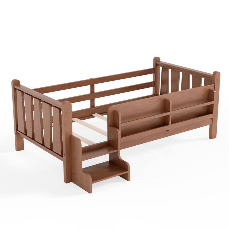 Full/Twin Floor Bed with Storage Bookcases & Cute Stairs - Solid Wood Kids Bed, No Box Spring