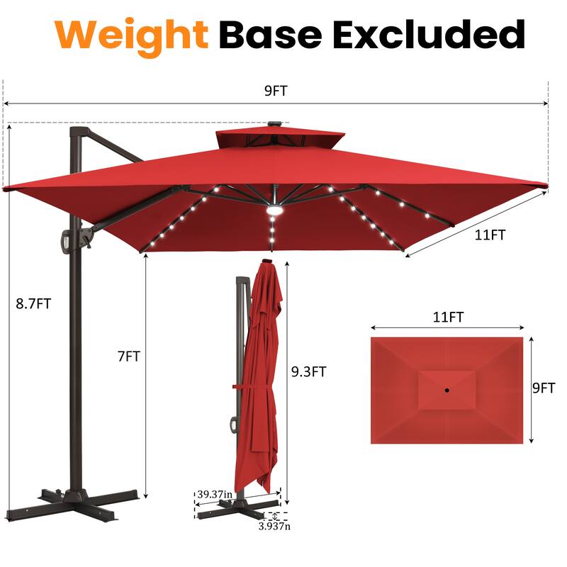 Solar LED Light 9 x 11FT Rectangular Outdoor Cantilever Patio Daul Top Umbrella without Base