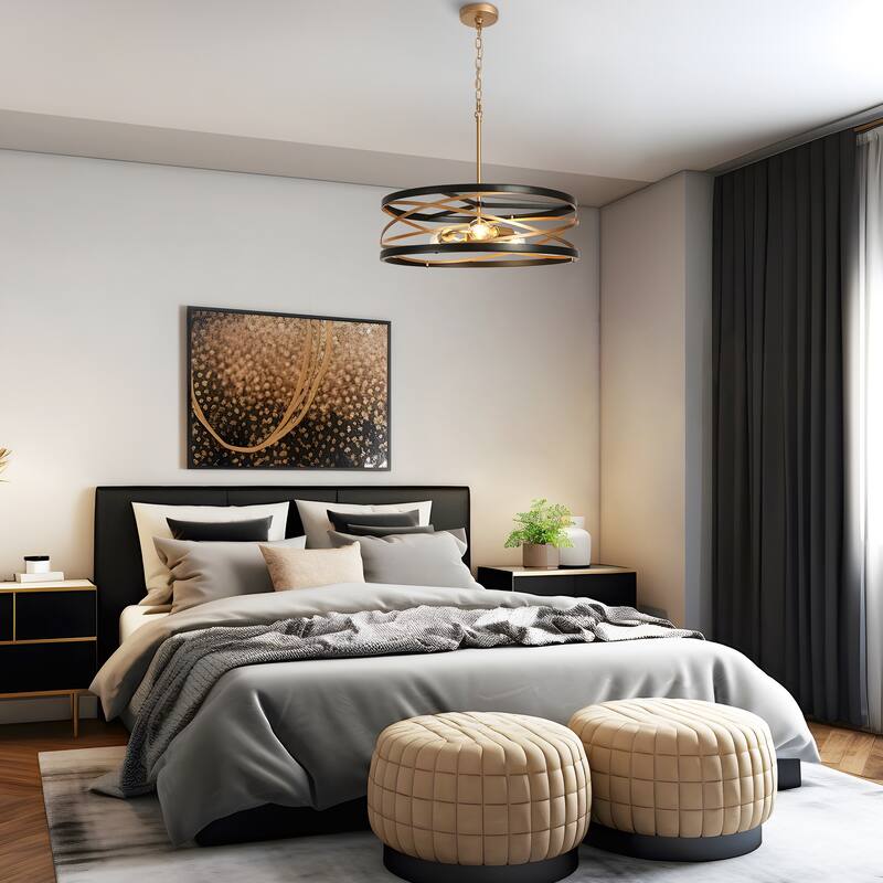 Dsmll Modern Farmhouse 3-Light Drum Chandelier Black Gold Kitchen Island Lights - D 22" x H 79" Max