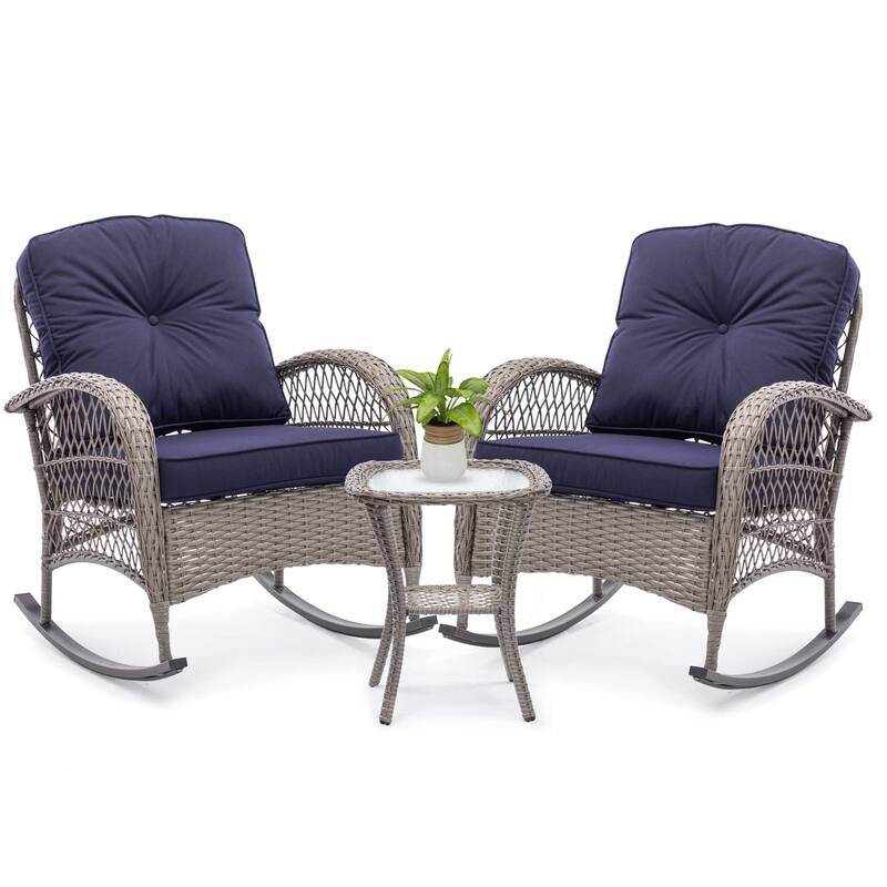 3 Pieces Outdoor Swivel Rocker Chairs, 360 Degree, Thickened Cushions & Glass Coffee Table - NavyBlue-Rocking