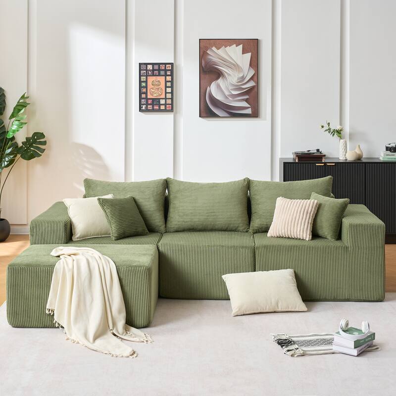 Flexible Layout 4 Piece Modular Couch Convertible L-shaped Sectional Sofa with Ottoman Chaise Lounge and Corduroy Upholstery - Green