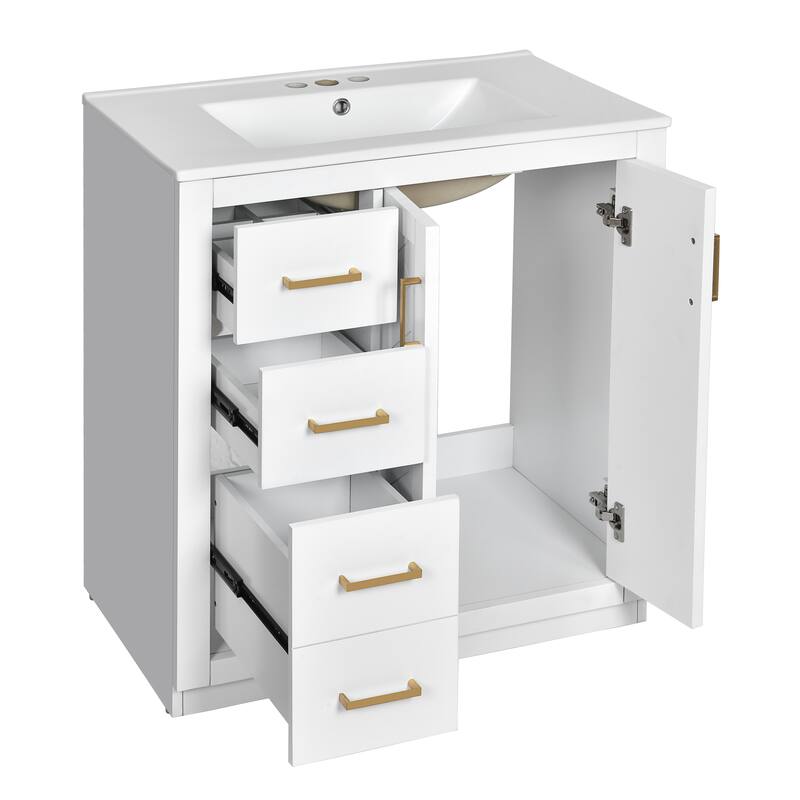 Anmytek 30 Inch Freestanding Bathroom Vanity with Ceramic Sink, Solid Wood Frame, 3 Drawers and Soft Closing Doors