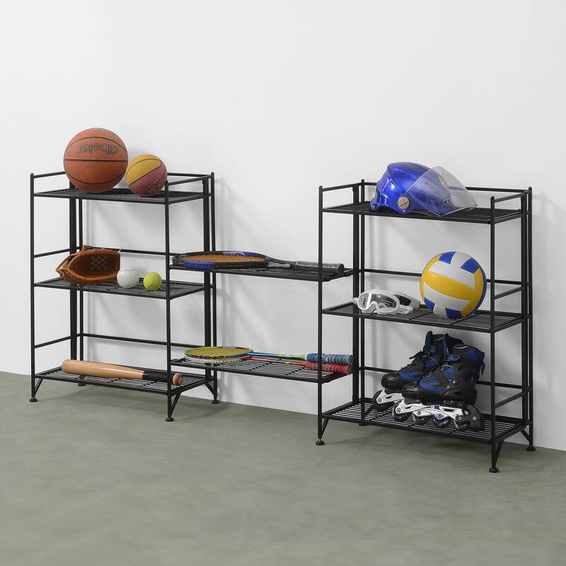 Xtra Storage 3 Tier Wide Folding Metal Shelves with Set of 2 Extension Shelves - Black
