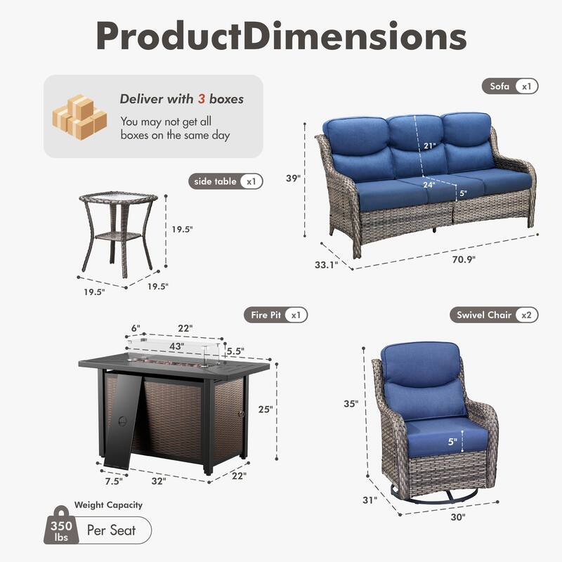Meyreso 5-Piece Outdoor Patio Metal Fire Pit Wicker Conversation Set with 5-Inch Thick Olefin Cushions