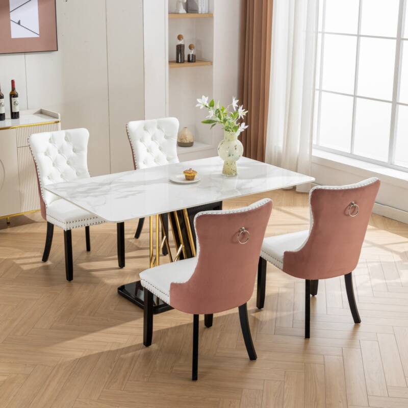 High-end Tufted Solid Wood Contemporary PU and Velvet Upholstered Dining Chair with Wood Legs Nailhead Trim 2-Pcs Set