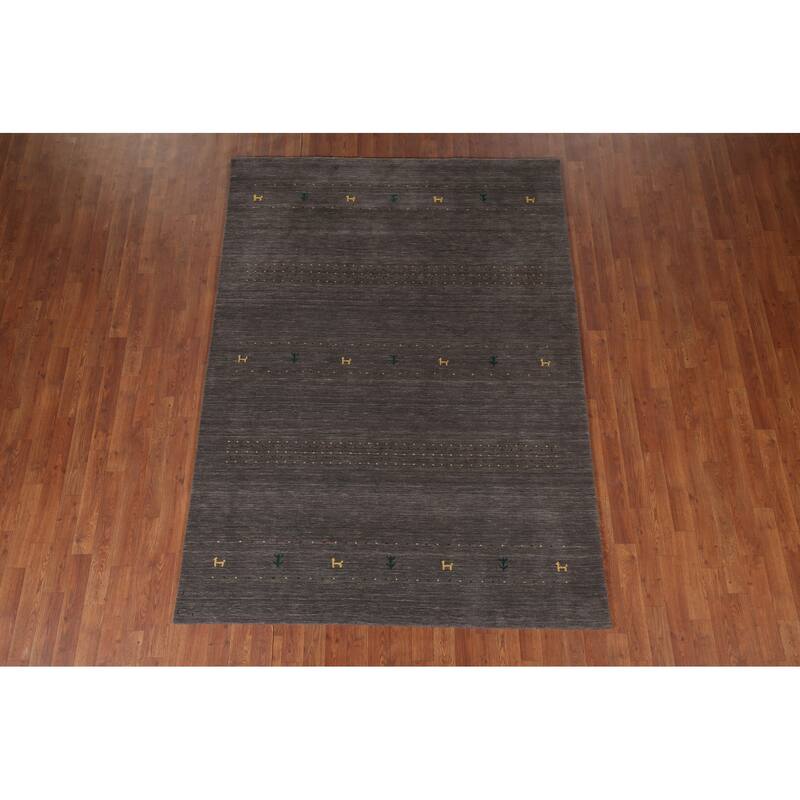 Gray Gabbeh Indian Area Rug Hand-Knotted Tribal Wool Carpet - 5'5"x 7'8"