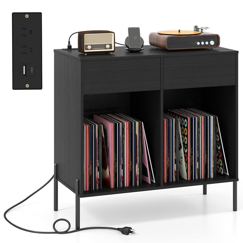 Modern Record Stand with USB Charging Station and 2 Drawer Storage Vinyl Album Organizer Shelf - 31.5" x 16" x 30.5"