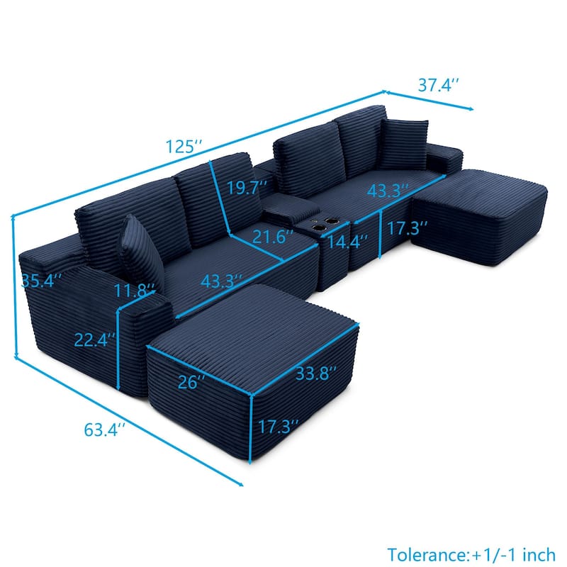 125" L Shaped Sectional Sofa with 2 Ottomans, Cloud Corduroy Couch with Deep Seat, Cup Holders and USB Ports