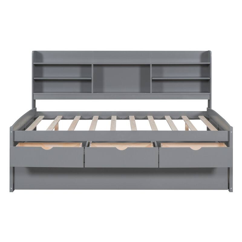 Wooden Captain Platform Bed with Trundle,3 Drawers and Built-in Bookshelves
