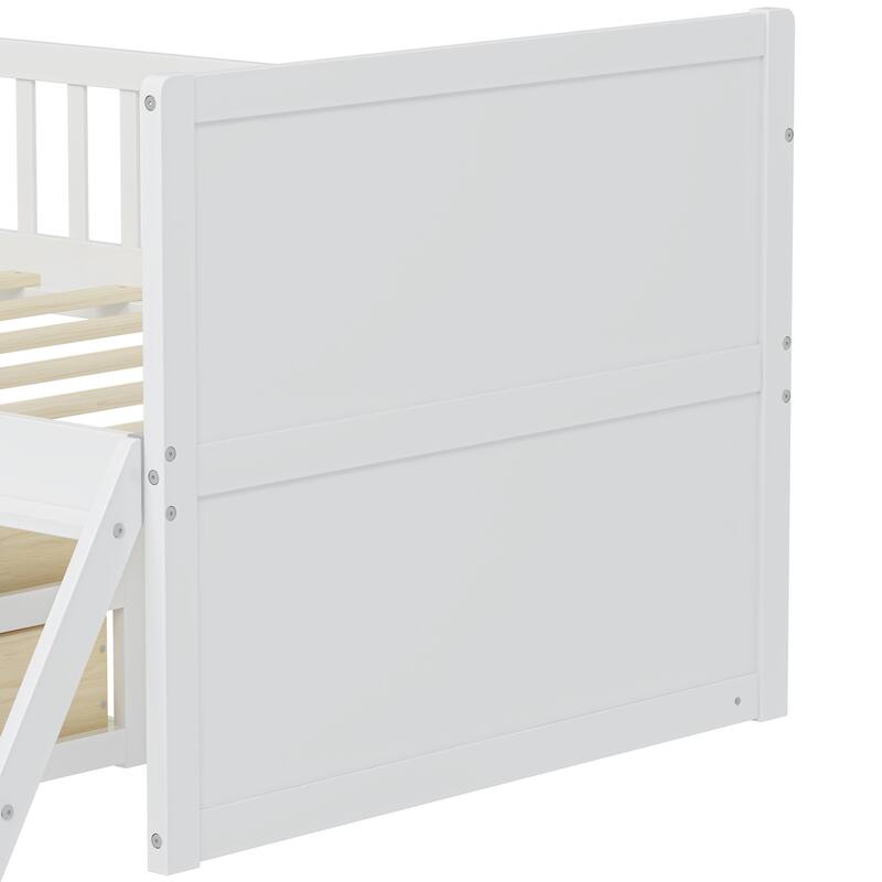 Twin Size Platform Bed Frame with 4 Storage Drawers & Guardrail Headboard for Bedroom, Wooden Kids Storage Bed with Ladder