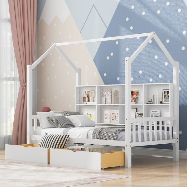 slide 2 of 11, Twin Size House Bed with 2 Drawers & Storage Shelf, Wooden Low Platform Bedframe Daybed with Roof for Kids, Teens, Girls, Boys White