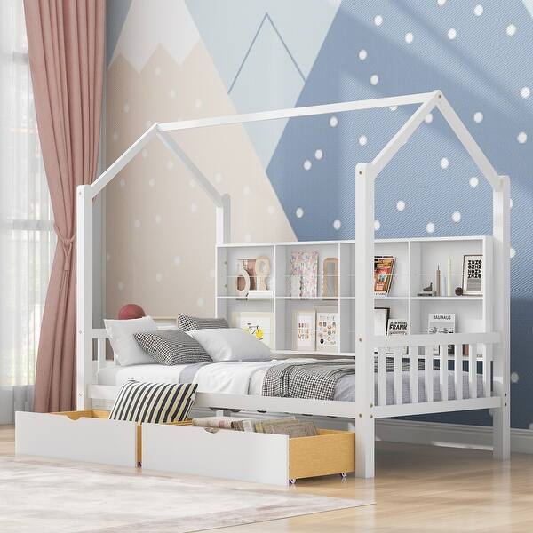 slide 2 of 23, Twin Size House Bed with 2 Drawers & Storage Shelf, Wooden Low Platform Bedframe Daybed with Roof White - Twin
