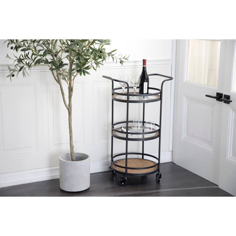 Metal Rolling 1 Rattan and 2 Glass Shelves Bar Cart with Handles - Brown - Roche River Decor - 16"Wx21"Lx35"H