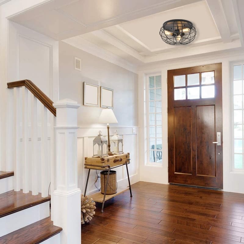 3 - Light Brushed Bronze Caged Flush Mount
