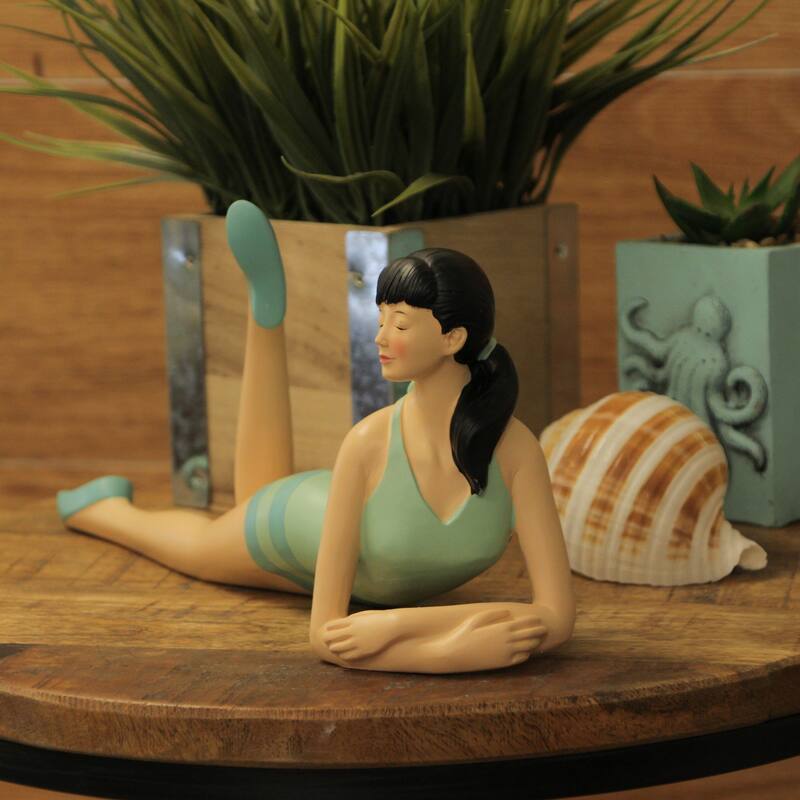 Brunette Bathing Beauty Figurine Vintage Charm In Striped Swimsuit - 5.75 X 12.5 X 3 inches