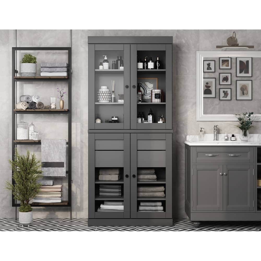 Palace Imports 100% Solid Wood Bathroom Storage Cabinet, Clear Glass Doors, 2 Drawers, Adjustable Shelves, 32" Wide, 71.5" Tall