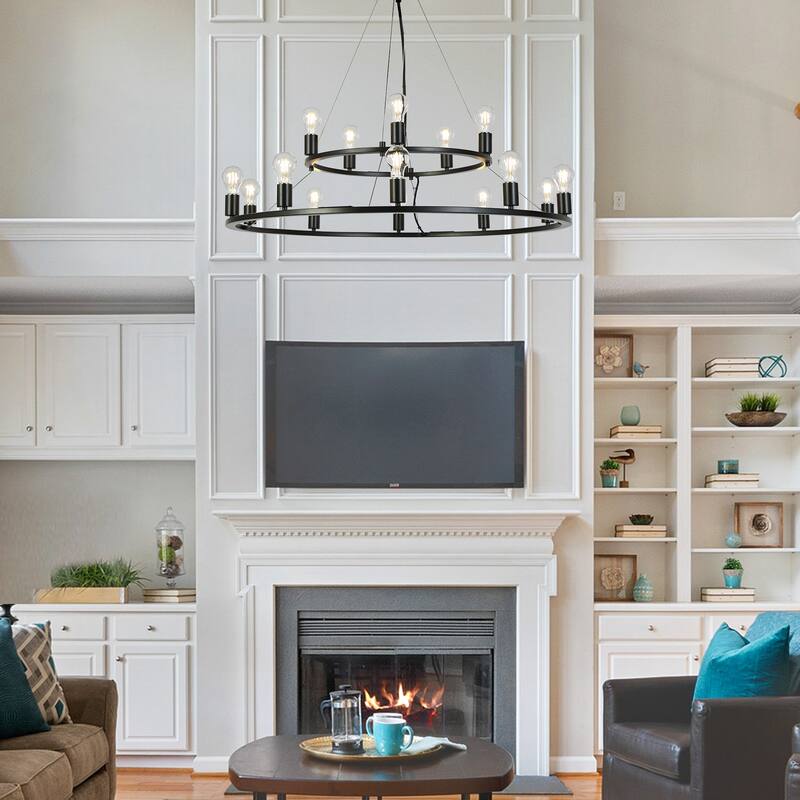 Oriea Farmhouse Black 15-Light Wheel Chandelier 39.4 IN. Modern Industrial 2-Tier Classic Candle Lights - D 39.4" x H 10.2"