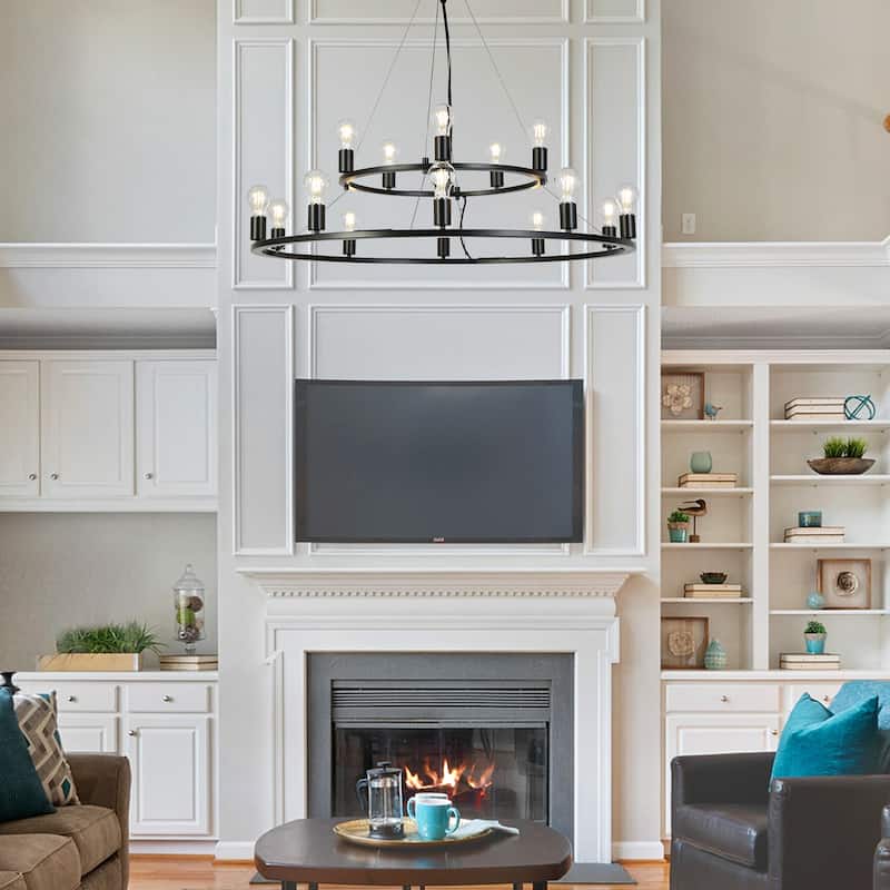 Oriea Farmhouse Black 15-Light Wheel Chandelier 39.4 IN. Modern Industrial 2-Tier Classic Candle Lights - D 39.4" x H 10.2"