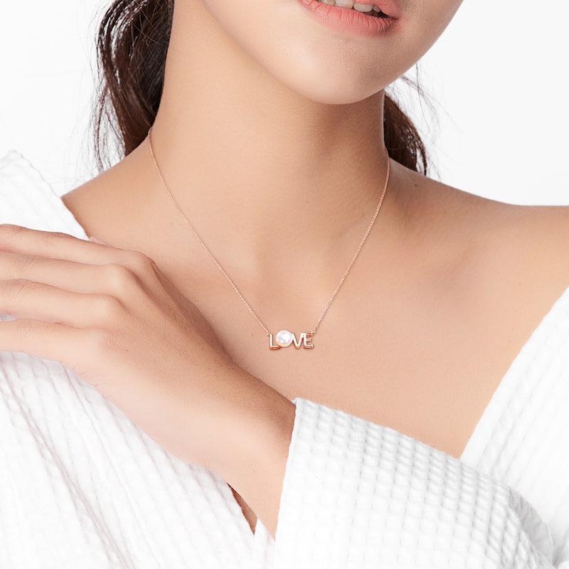 Miadora 10k Rose Gold Cultured Freshwater Pearl "LOVE" Station Necklace (7-7.5mm)