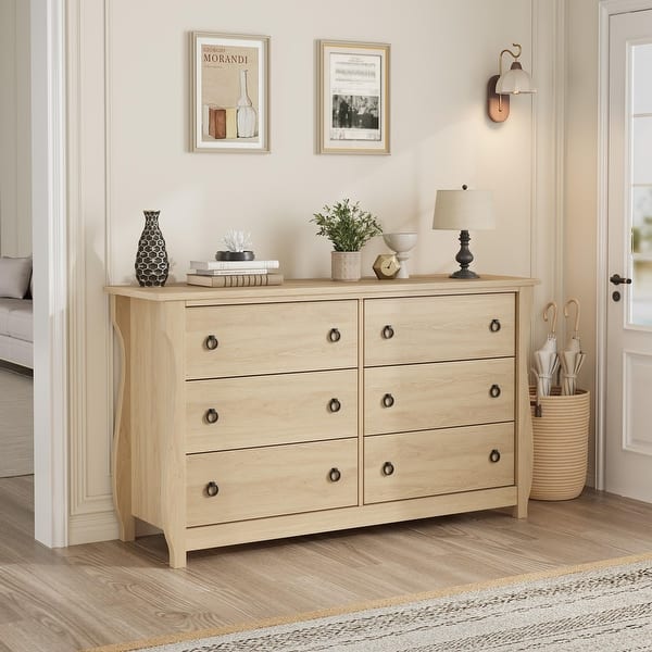 golden oak 6 drawer dresser 59" Natural Oak 6 Drawer Dresser With Raffia Woven Drawer Fronts, Wide Bedroom Storage Chest With Soft-Close Slides