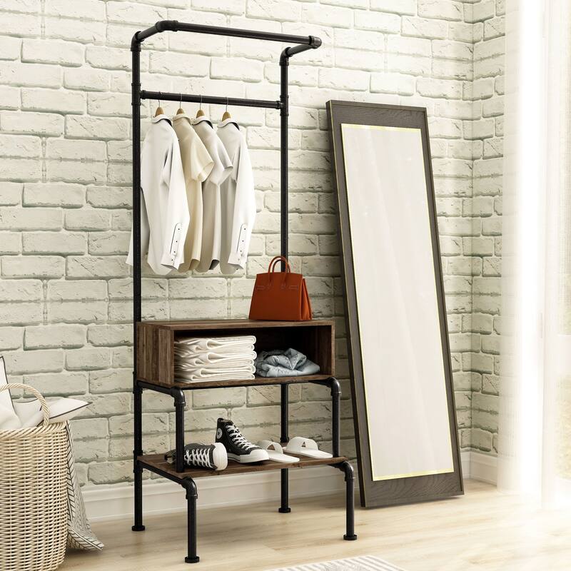 Cassia Industrial Oak Metal 3-Open Shelf Clothes Garment Rack by Furniture of America