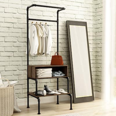 Cassia Industrial Oak Metal 3-Open Shelf Clothes Garment Rack by Furniture of America