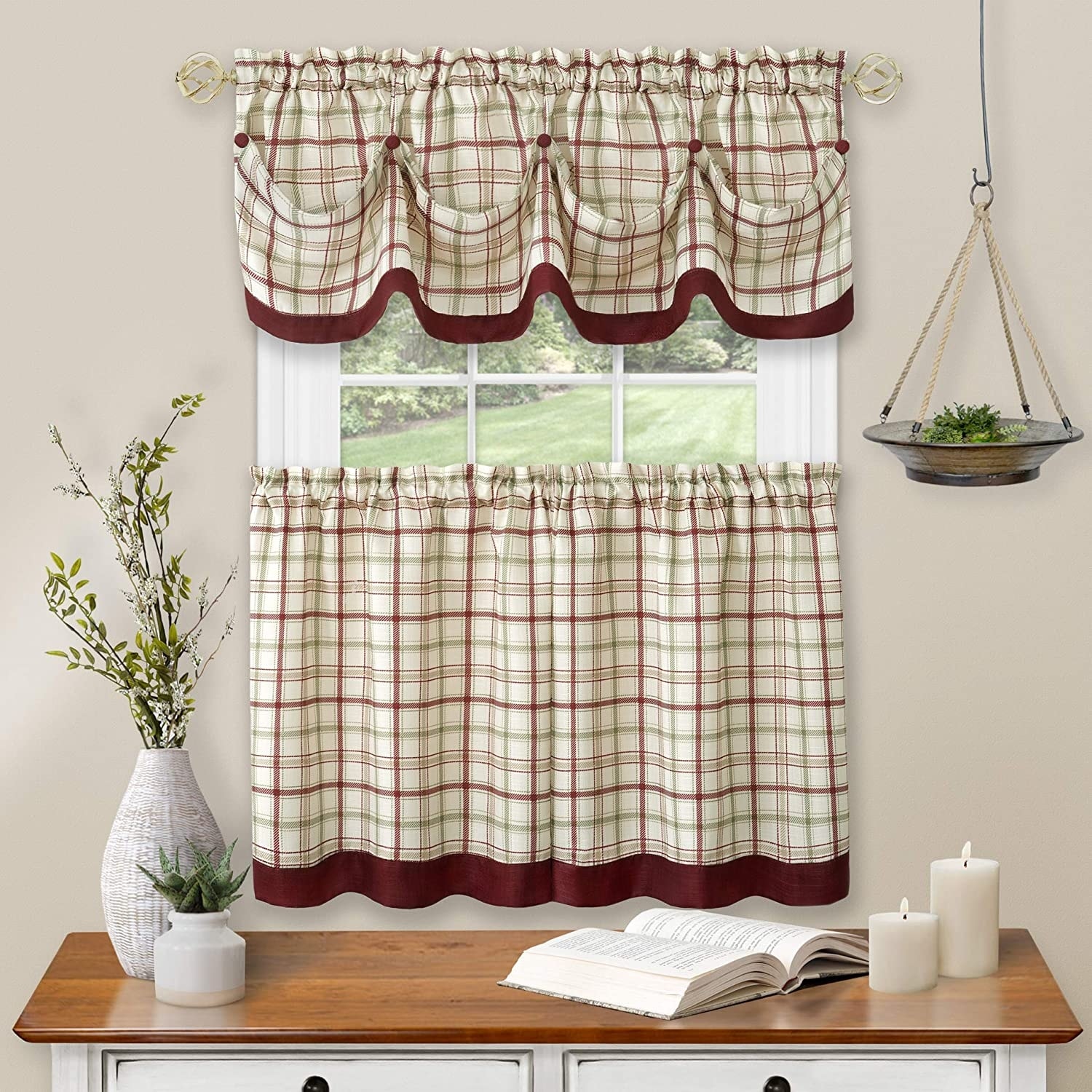Tattersall Window Kitchen Curtain Tier And Valance Set Tier 58x36 Inches Valance 58x14 Inches Overstock 31493296
