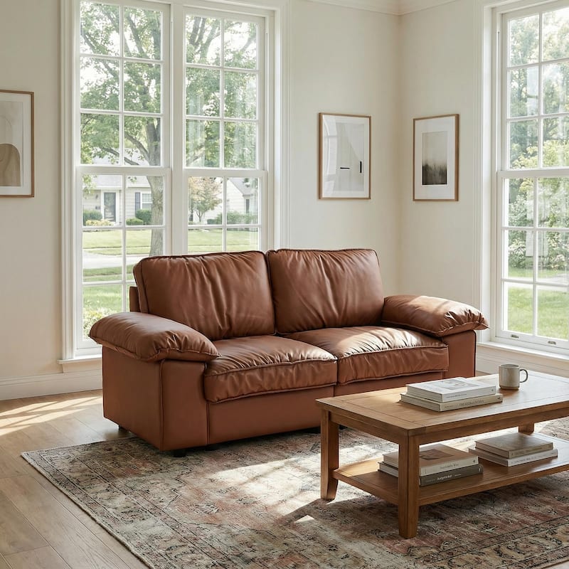 Roomfitters Modern Overstuffed Upholstered Loveseat with Padded Pillow Arms, Comfortable 2 Seater Couch for Living Room - Brown