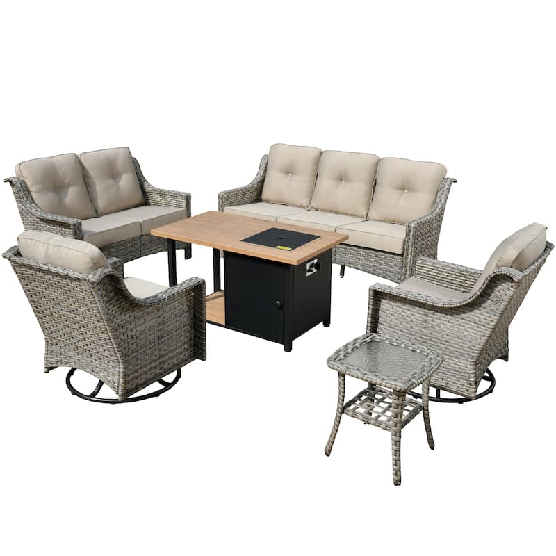 XIZZI 6-piece Outdoor High-back Furniture Swivel Chair Set with Fire Pit