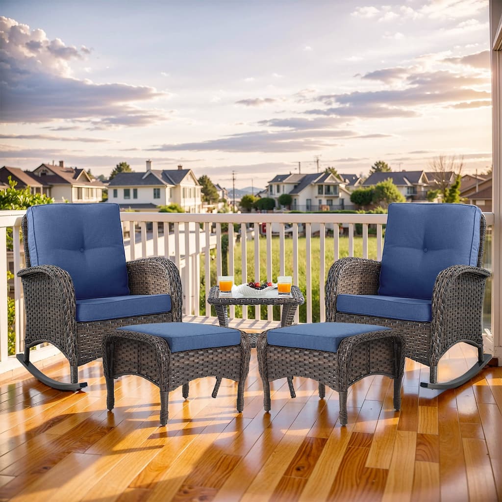 Outdoor Rocking Chairs Set with Ottomans - Brown