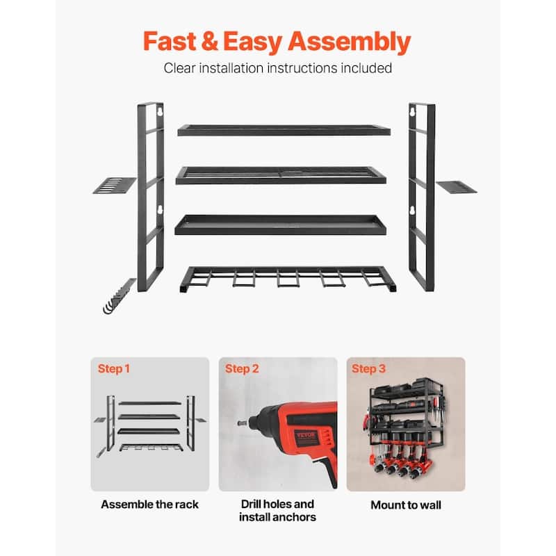 4-Tier Black Wall-Mounted Power Tool Rack with Drill Slots Shelves and Hooks for Garage Storage - 19.29” x 7.87” x 14.57”