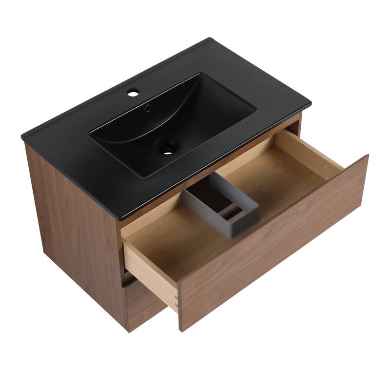 Modern 24" Floating Bathroom Vanity with Black Ceramic Basin, Soft-Close Drawers, Water-Resistant Melamine Surface