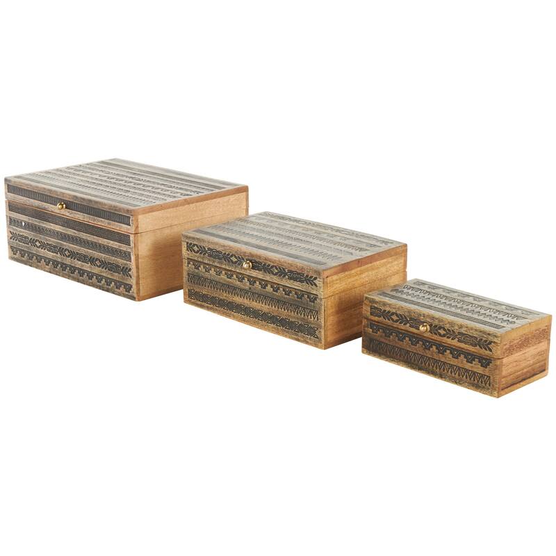 Brown Mango Wood Handmade Storage Scroll Box with Gold Accents (Set of 3)