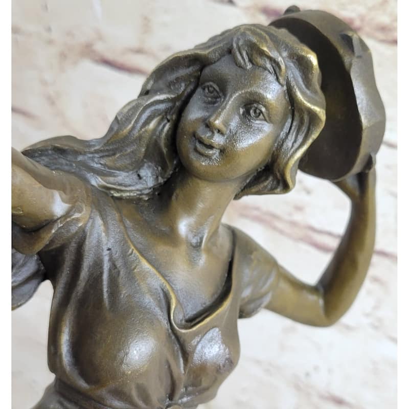 Girl Playing Tambourine Bronze Statue Sculpture Figure Musical Decor 20 Inches X 9 Inches
